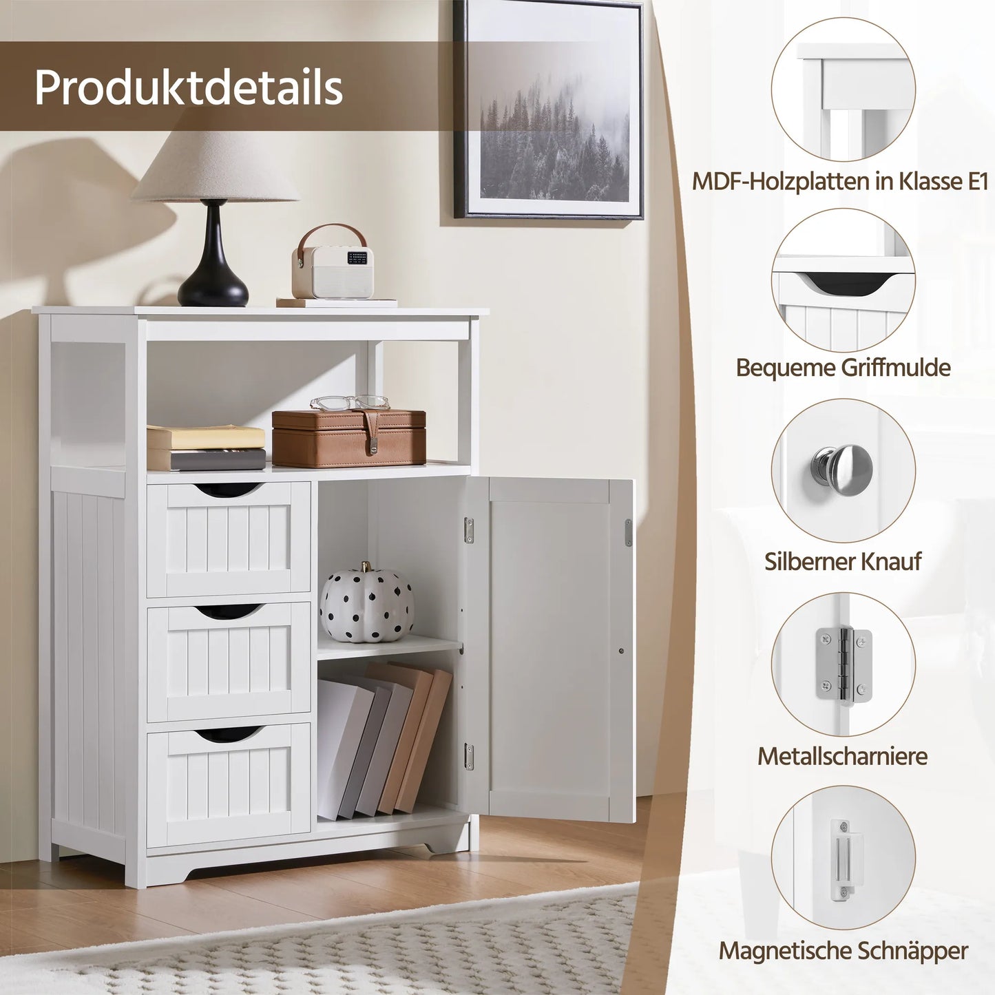Yaheetech Badezimmerschrank mit 3 Schubladen - mit verstellbarem Regal und offenem Stauraum und Metallbeschlägen - für Badezimmer, Wohnzimmer und Schlafzimmer - weißes Mdf und Metall - 66 x 35 x 90 cm
