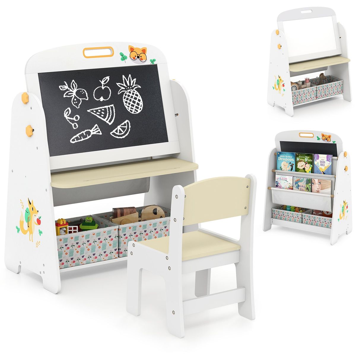 Coast Kindertischset mit Stuhl – 4-in-1-Design – Bücherregal und Stauraum – Natur