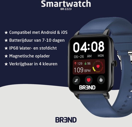 BREND Smartwatch für Frauen und Männer - Schrittzähler, Blutdruckmesser und Herzfrequenzmesser - Sportuhr - wasserdicht - blau