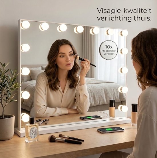 OMNIEXA Hollywood-Spiegel 58 × 46 cm – 15 LED-Lampen – 3 Lichtfarben – dimmbar – 10-fache Vergrößerung – USB-C – Make-up-Spiegel – Visagiespiegel – Vanity – Weiß