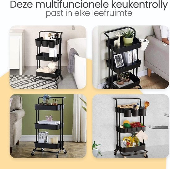 Goliving Küchenwagen auf Rädern - Servierwagen - Küchenwagen - Mit Haken und Tabletts - Mobil und feststehend - 3 Ebenen - Schwarz