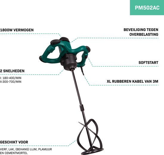 VONROC Farb-/Zementmischer - 1800W - 2 Geschwindigkeiten - 3m Gummikabel - Inkl. Rührer 140x600MM