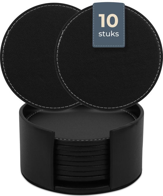 Castagnola Kunstleder-Untersetzer - Untersetzer für Gläser - Design-Untersetzer mit Halterung - Leder-Untersetzer-Set - Leder - 10er-Set - Schwarz mit Naht