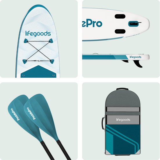 LifeGoods SUP Board All-round Compact - Mit Sitz - 100 KG Tragfähigkeit - 300 x 76 cm - Aufblasbar - Komplettes SUP Paket - Deep Aqua