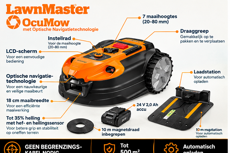 LawnMaster VBRM18AMIDR Mähroboter – Gelb – 72,5 x 42,5 x 32,3 cm – Bis zu 500 m²