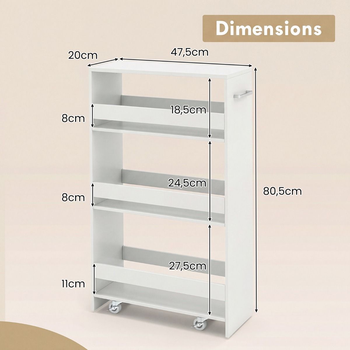 Coast Küchenwagen – schmales Regalgestell mit Rollen – 4 Etagen – weiß – 47,5 x 20 x 80,5 cm