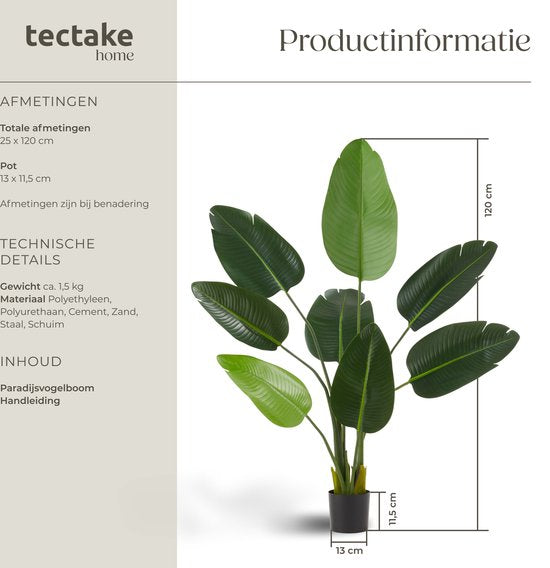 tectake® Künstlicher Paradiesvogelbaum Tropic - Strelitzia - Naturgetreue Kunstpflanze mit detaillierten Blättern und stabilem Blumentopf - Pflegeleicht und vielseitig einsetzbar - Höhe: 120 cm