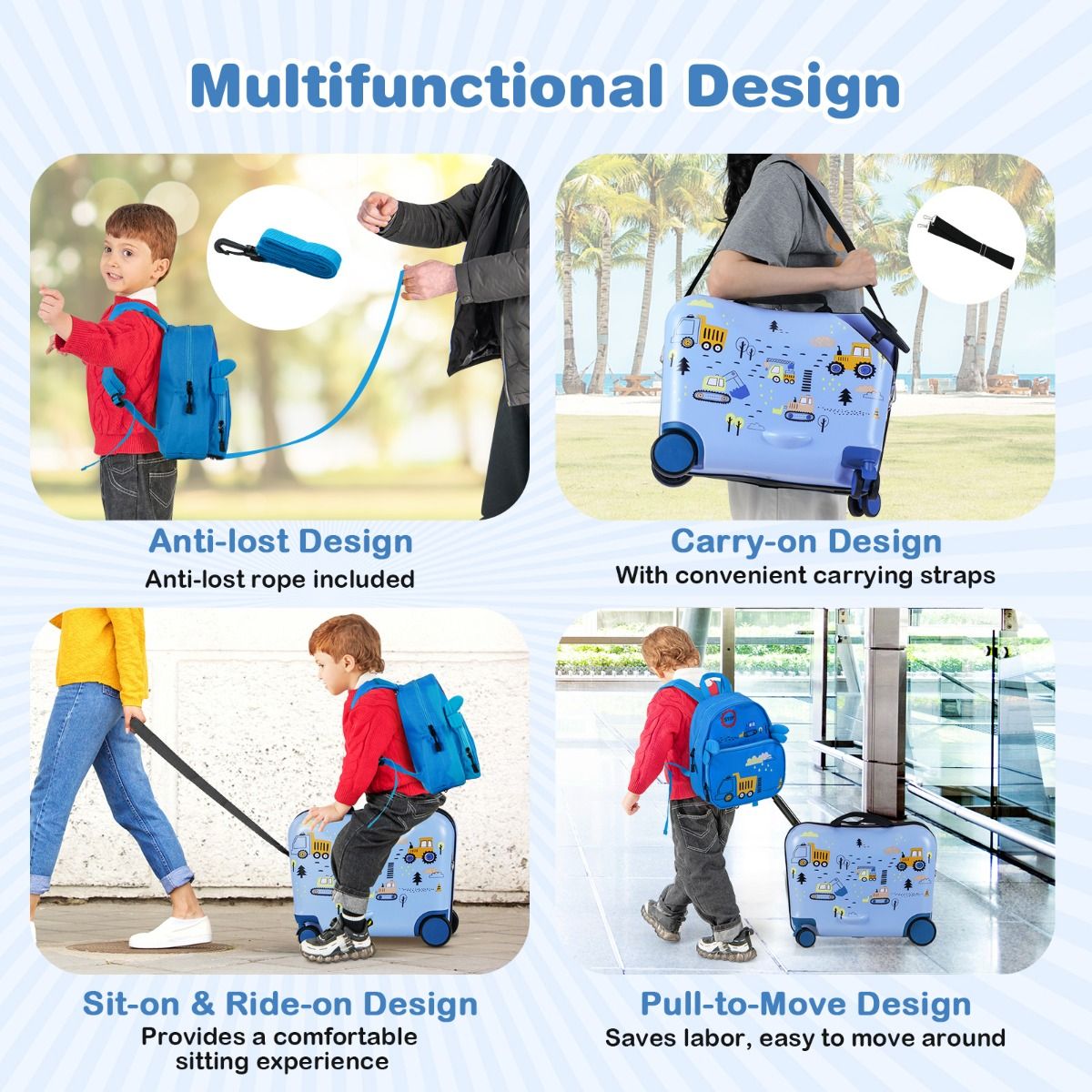 Coast Kinderkofferset – Sitzkoffer und Rucksack – Multifunktional – Bagger-Motiv