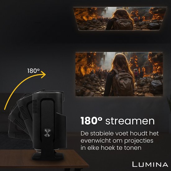 Lumina® Pro Mini Beamer 2025 – Tragbarer 4K-Smart-Projektor mit WLAN 6 und Bluetooth 5.2 – Kompatibel mit iOS und Android – Ideal für das Heimkino – Schwarz