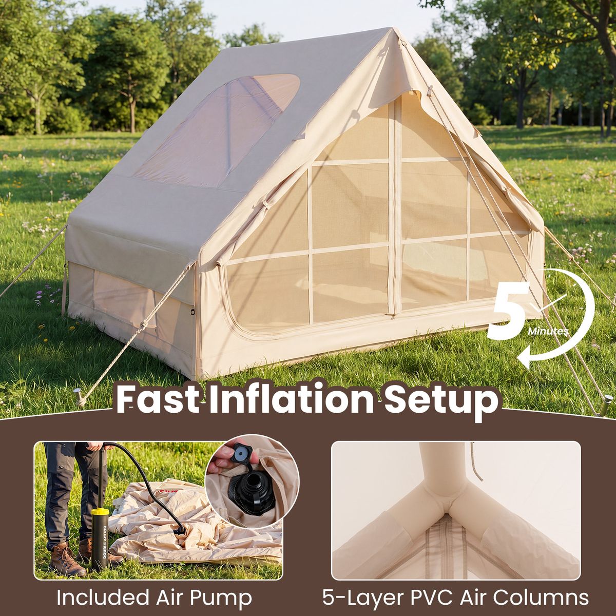 Coast aufblasbares Campingzelt – 4 Personen – 2 Türen und Dachfenster – khaki – 295 x 205 x 200 cm