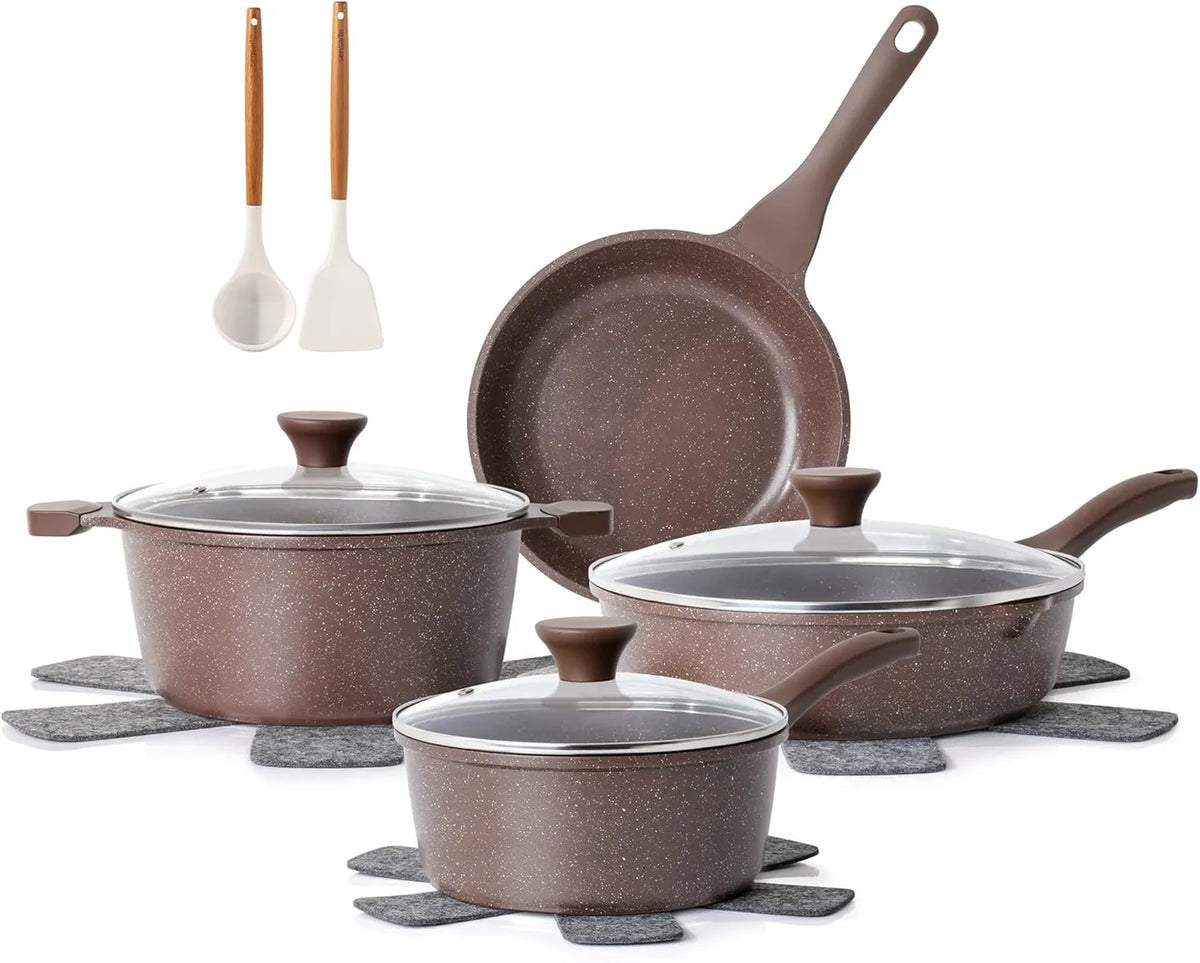 SENSARTE Antihaft-Pfannenset, 13-teilig – Toffee-Braun – Granitbeschichtung, PFOA-frei
