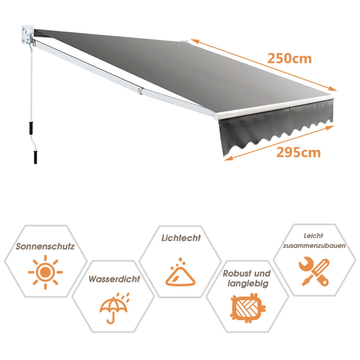 Coast Sun Protection Ausfahrbare Markise Aluminium-Terrasse Sonnenschutz 295 x 250 cm grau