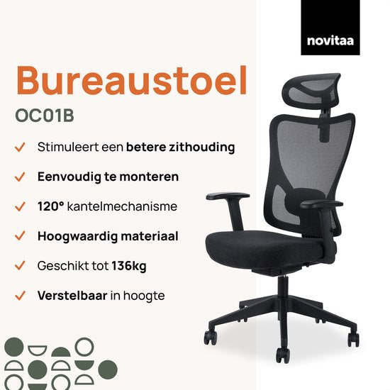 Novitaa Bürostuhl - Ergonomischer Bürostuhl - Bürostuhl - Erwachsene - Verstellbar - Kopfstütze - Schwarz
