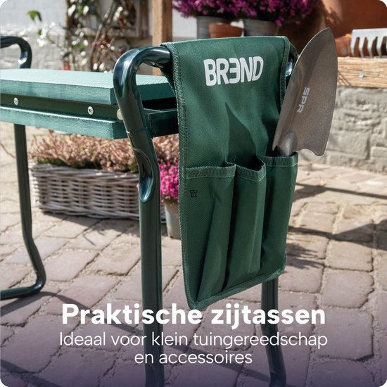 Zusammenklappbarer Gartenhocker mit Knieauflage – EVA-Schaumstoff – Bis zu 150 kg – Stahlrahmen mit Werkzeugtaschen – Zum Sitzen und Knien – BREND BR-2252