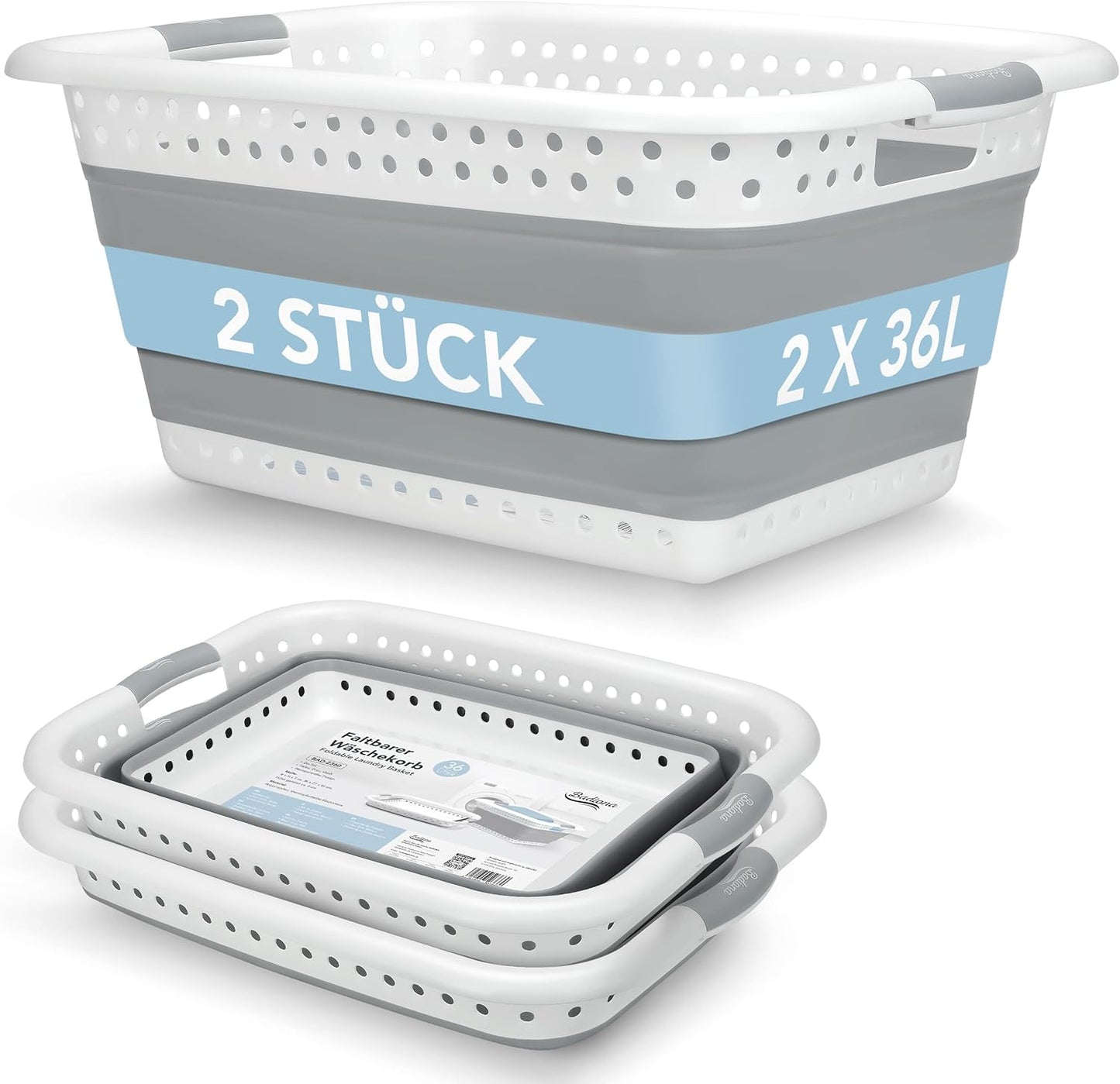 BADIONA 2er-Set faltbare Wäschekörbe 36L - Grau/Weiß - 61 x 45 x 27 cm - platzsparend und multifunktional