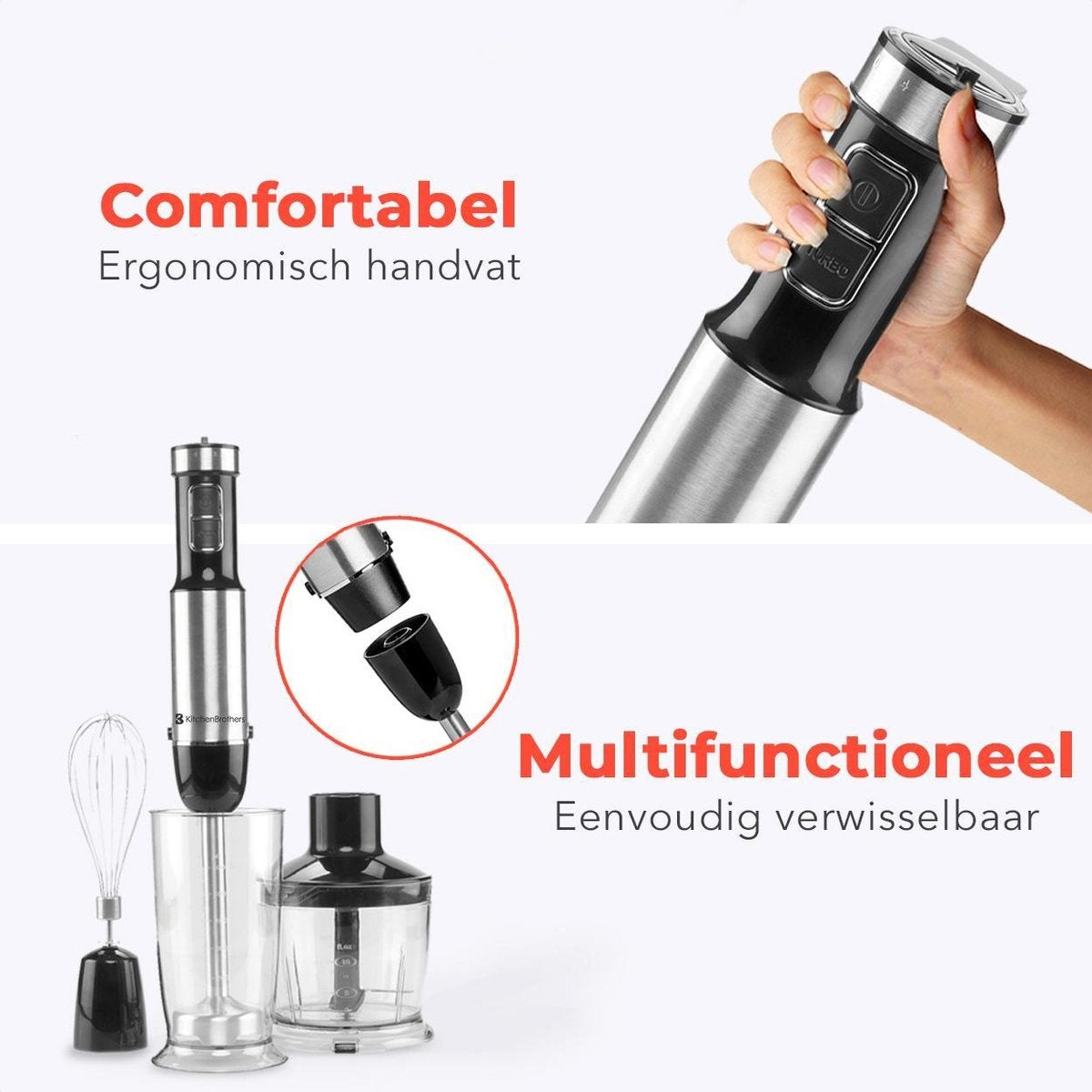 KitchenBrothers Stabmixer-Set - Zerkleinerer - Mixer 4-in1 - 800W - 600ML - Edelstahl