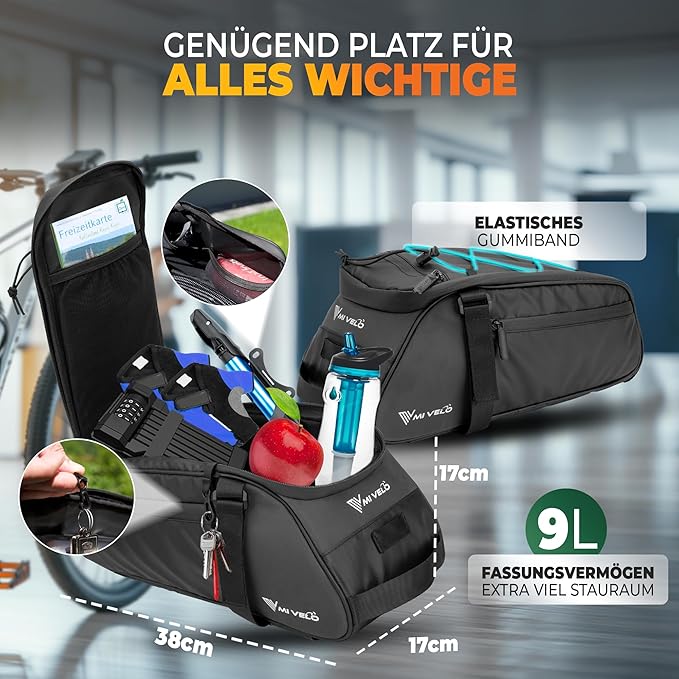 MIVELO Fahrradtasche - wasserdicht & reflektierend - 9 Liter - Schwarz
