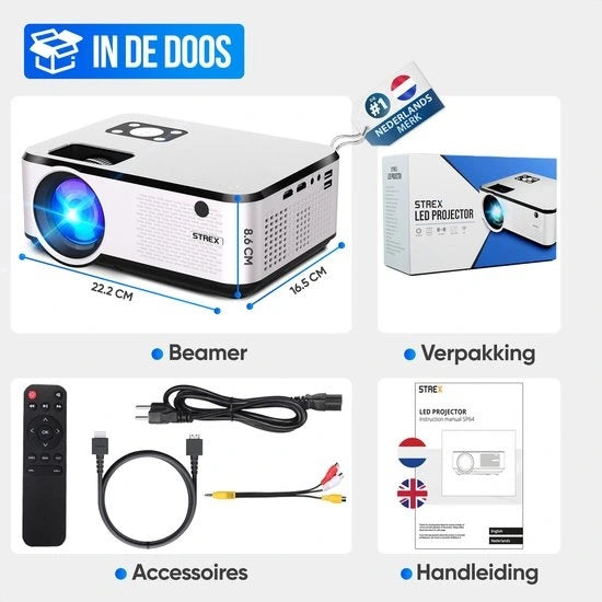 Strex Beamer - WiFi & Telefon-Streaming - 7000 Lumen - 22 x 16 x 8,7 cm - Schwarz