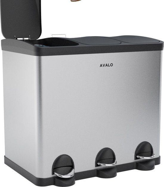 Avalo Mülleimer Abfalltrennung 60 Liter - Edelstahl Silber - 3 Fächer - Umweltbewusst, Hygienisch & Fingerabdruckfrei - Treteimer / Mülleimer