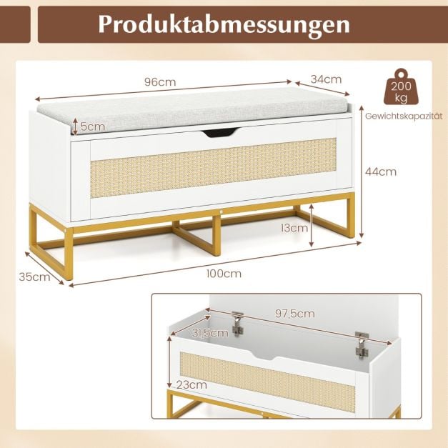 Coast Schuhbank - Rattan - Sitzkissen - 100 x 35 x 44 cm - Weiß