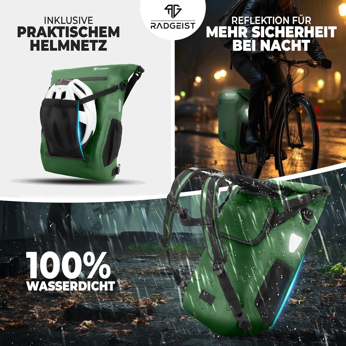 RADGEIST 3in1 Fahrradtasche für Gepäckträger I Fahrradtasche, Rucksack & Umhängetasche 18-22L I Tasche für Fahrrad 100% wasserdicht grün