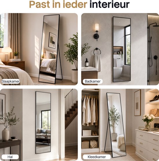 Infinity Goods Ganzkörperspiegel – Wandspiegel – Standspiegel in rechteckiger Form – luxuriöser Metallrahmen – 160 x 40 cm – Schwarz