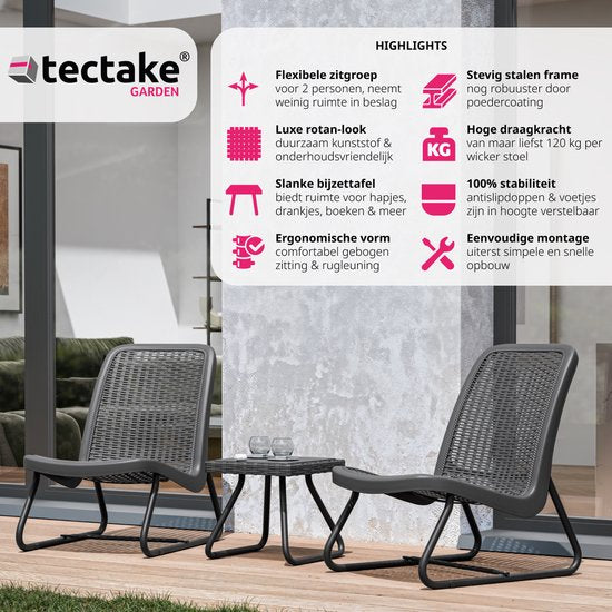tectake - Gartenmöbel-Set für 2 Personen - Outdoor-Möbel wetterfest für Balkon - Garten-Lounge-Set - Terrassenmöbel - Sitzgruppe mit 2x Loungesessel und 1x Gartentisch Beistelltisch - Rattanoptik - grau