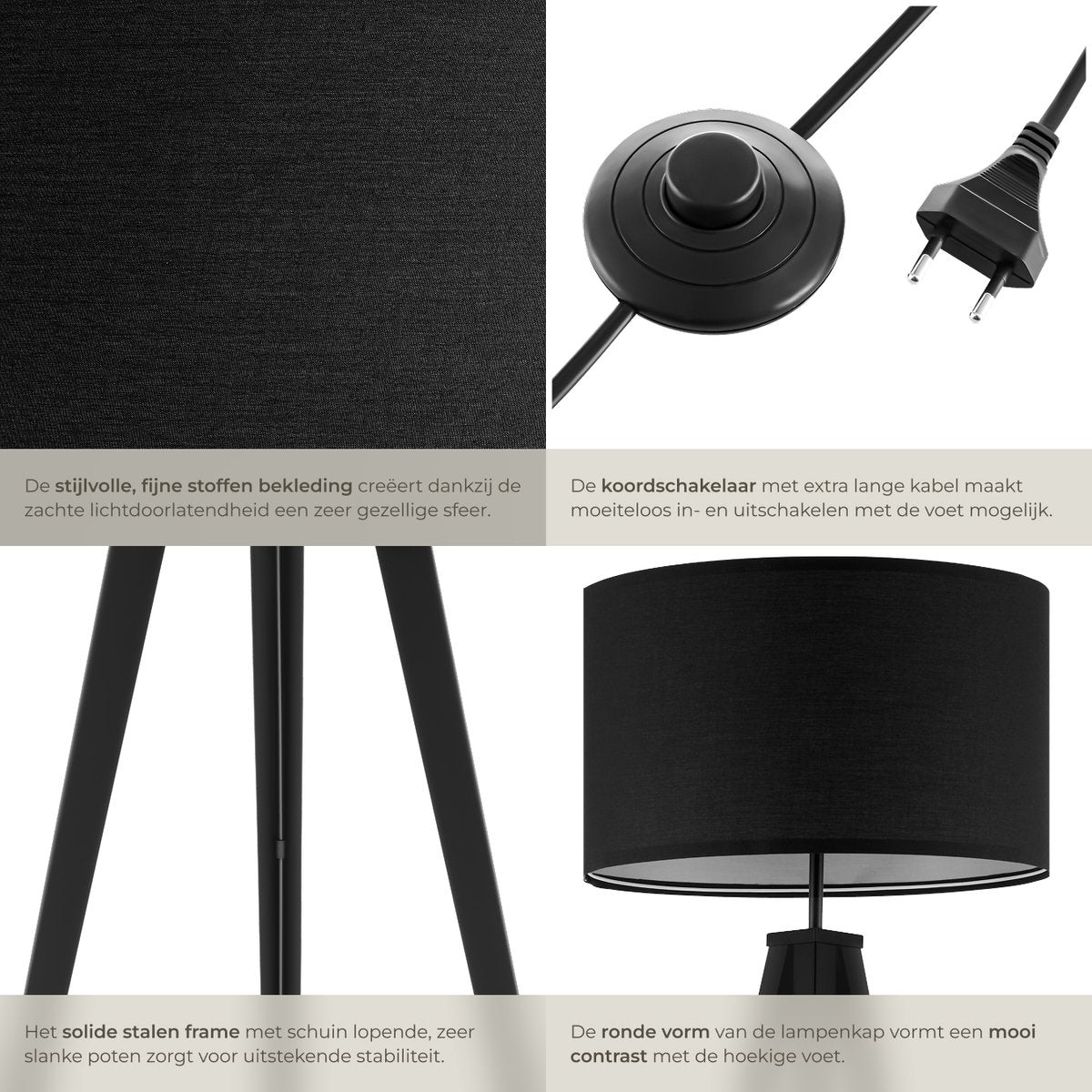 tectake® Stehleuchte - Stehleuchte 3-Fuß - 158 cm hoch - Schirm in Leinenoptik - Fußschalter - Schwarz