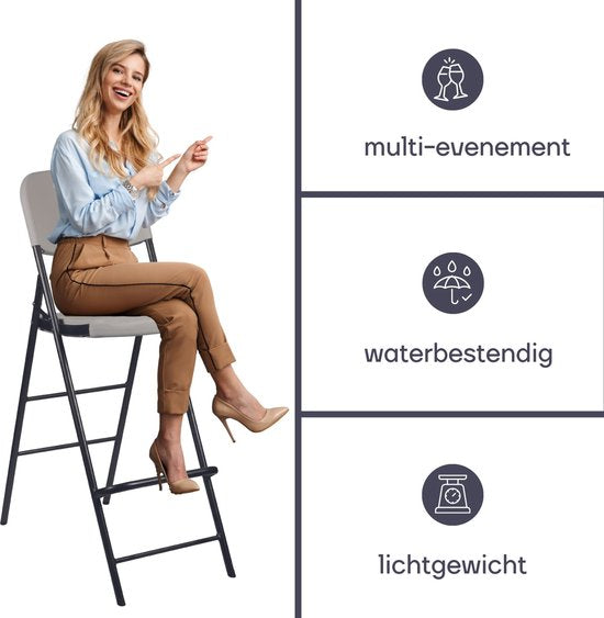Perel Weißer Indoor- und Outdoor-Hochklappstuhl, Barhocker, mit Rückenlehne und Fußstütze, Kunststoff, platzsparend, ideal für Events, Partys und Catering, mit Stahlgestell und wetterfester Sitzfläche, 45 x 77 x 114 cm