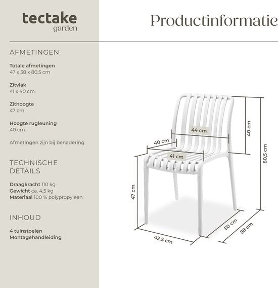 tectake® 4er Set Gartenstühle Alcudia - Creme - Kunststoffstühle - Stapelbar - Stühle für Garten, Terrasse oder Balkon - Wetterfest und UV-beständig - Belastbarkeit 120kg pro Gartenstuhl