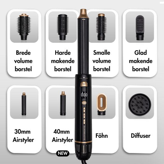 Sansbeauté® 8-in-1-Lockenbürste - Mit Diffusor und Aufbewahrungsbox - Multistyler - Fönbürste für kurzes Haar - Haarstyler - Haartrockner - Wärmebürste - Stylingbürste - Drehkabel