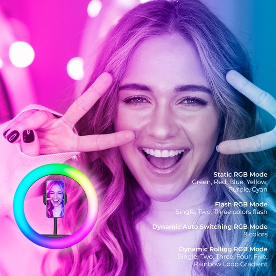 Studio ME Mehrfarbige Ringlampe mit Stativ - 10 Zoll/25 cm - RGB-Lampe - Ringlicht mit Stativ - Bluetooth - Telefonhalterung - Fernbedienung - USB - TikTok Lampe - Ringlicht