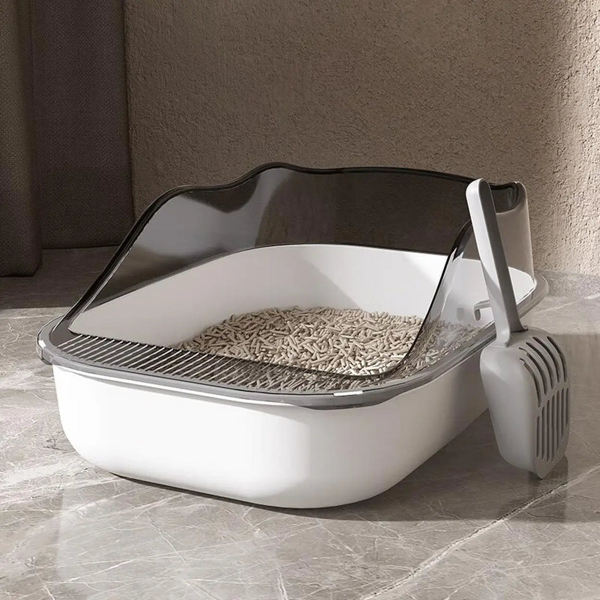 H.XUN Katzentoilette, groß – Weiß – Transparentes Design – Offenes Modell – Besonders geräumig und leicht zu reinigen