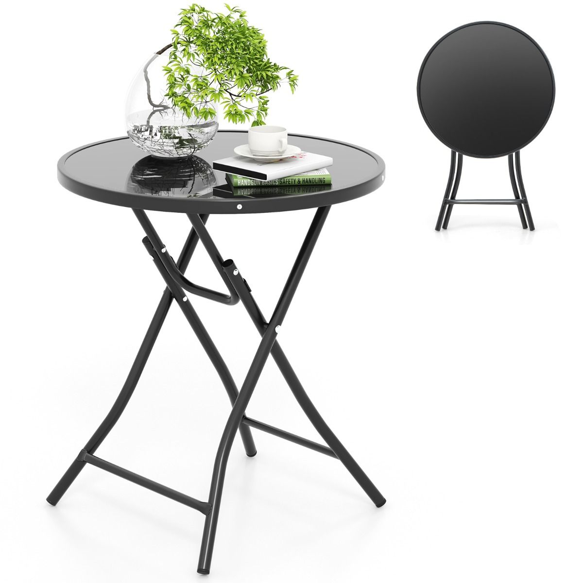 Coast Runder Bistrotisch - Faltbar - 59x67 cm - Terrassen- Mit gehärtetem Glas und Metallgestell - Schwarz