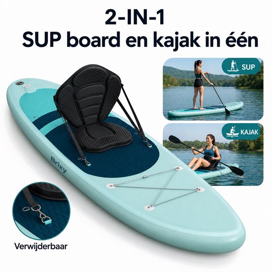 Brixy 2-in-1-SUP-Board – mit Sitz – aufblasbares Paddle-Board – Komplettset – 335 cm – max. 175 kg – Mintgrün/Blau