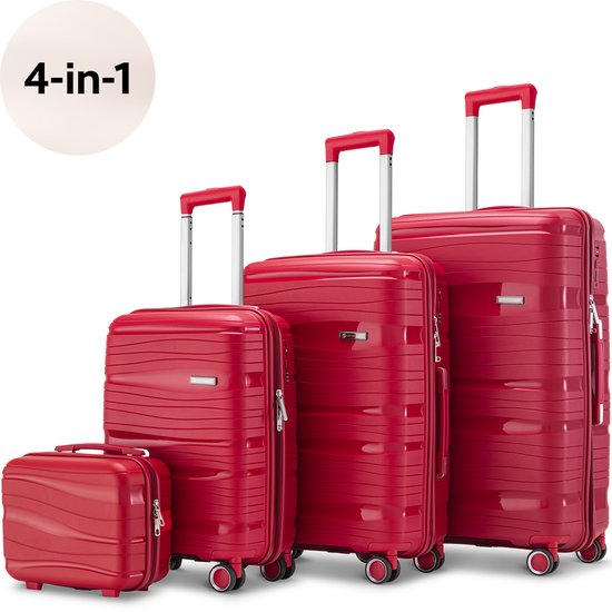 SKYCASES Travelin' Charm 4-teiliges Trolley Set - Handgepäck & Check-in Koffer - 32L/60L/98L - Zahlenschloss - 360° geräuschlose Räder - Leicht & Stabil - Modernes Design - Rot