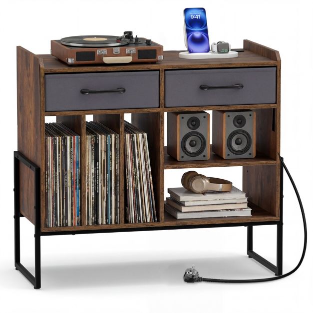 Coast Plattenshelf mit Steckdose, USB und Typ-C – Plattenspielertisch mit 3 Fächern für Schallplatten, 2 Stoffschubladen und verstellbaren Einlegeböden – 76 × 35,5 × 68,5 cm – Braun