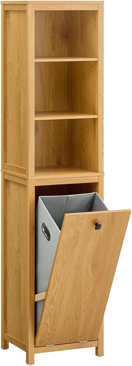 SoBuy Hoher Badezimmerschrank mit Wäschekorb und 3 Einlegeböden – Wandmontage – Holz – 40 x 35 x 173 cm