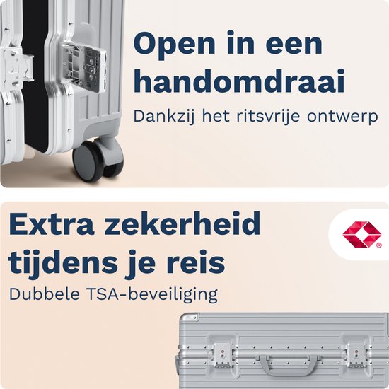 TRVLMORE Premium-Reisekoffer, mittelgroß – 65 x 43 x 26 cm – 360°-Spinner-Rollen – Doppeltes TSA-Zahlenschloss – Polycarbonat – Ohne Reißverschluss – 72 Liter – Silber