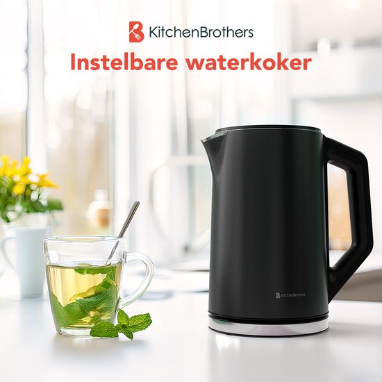 KitchenBrothers Wasserkocher - Elektrisch - 1,5L - 2200W - Einstellbare Temperaturregelung - Doppelwandig - Edelstahl-Wasserkocher - Schwarz