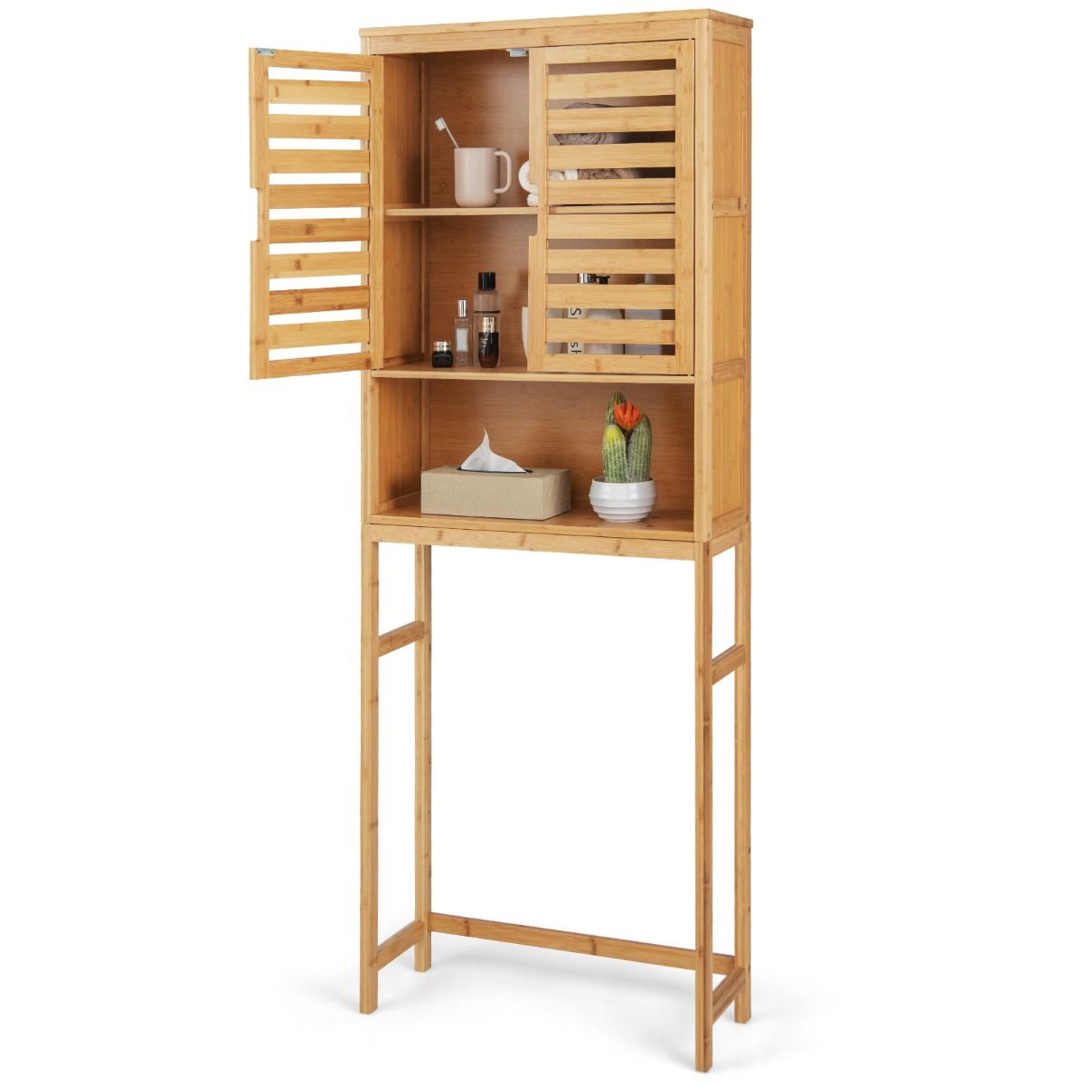 Coast Badezimmerschrank über der Toilette – hoher Aufbewahrungsschrank aus Bambus mit 2 Türen – platzsparend – naturbelassen – 62 x 23 x 170 cm