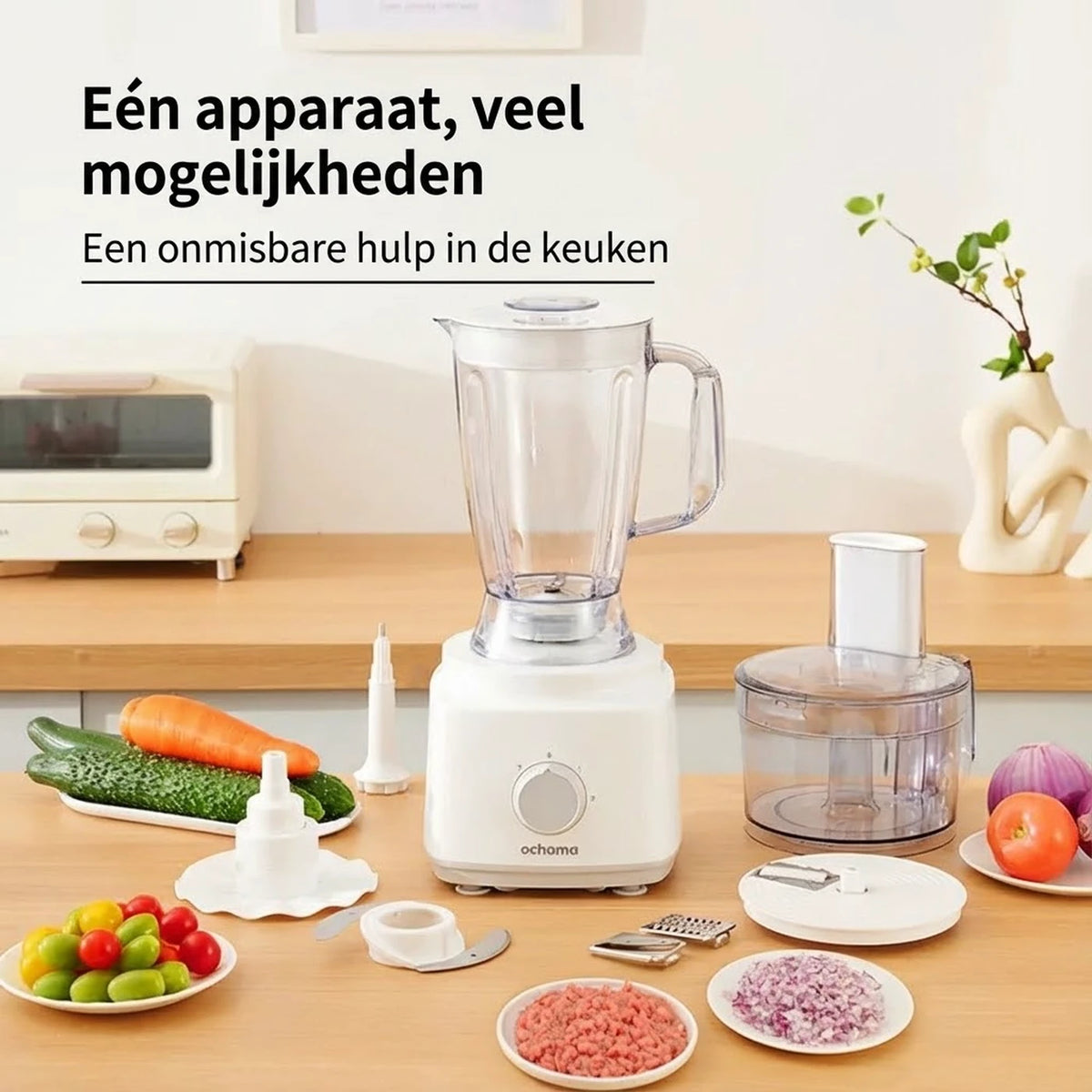 Ochama Küchenmaschine 750 W – 1,8 l – Multifunktional – Zerkleinerer, Mixer, Fleischwolf, Gemüseschneider und Reibe – Messer aus Edelstahl