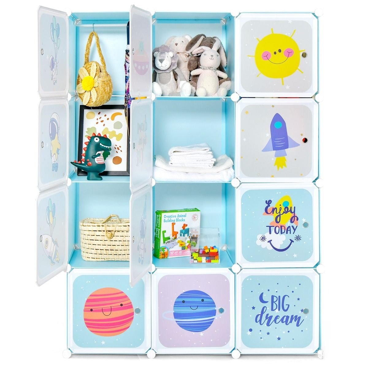 Kleiderschrank für Kinder Baby Kleiderschrank mit 2 hängenden Sektionen & 12 Würfel Cute Cartoon Kommode für Kinderzimmer Spielzimmer