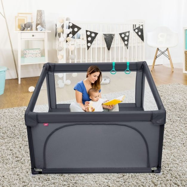 Coast Baby Laufstall Ground Box mit 50 Spielbällen Laufstall mit atmungsaktivem Netz 120 x 120 cm Dunkelgrau