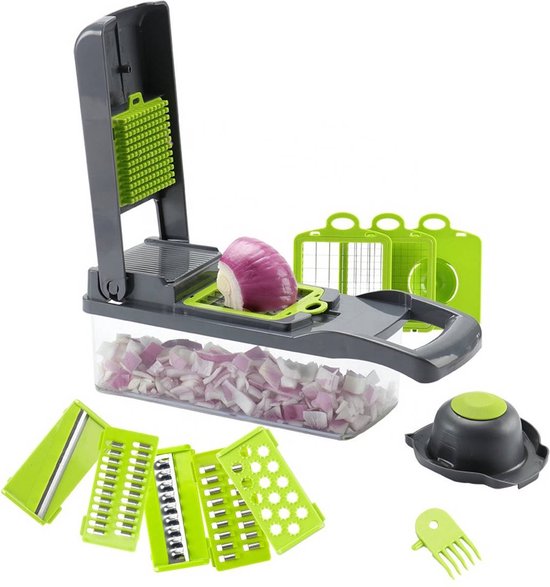 Gemüseschneider – Slicer-Dicer – Gemüsehacker – Mandoline – Gemüseschneider – inkl. 7 Klingen – inkl. Schälmesser – Käsereibe – inkl. Eiertrenner – Allesschneider –
