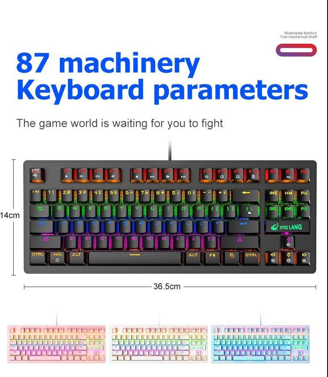 ZIYOULANG K2 RGB mechanische 87Tasten TKL Gaming Tastatur - Windows/Mac Spiele-Tastatur - blauer Schalter - Mechanische Tastatur - Anti-Ghosting Spiele-Tastaturen - Schwarz