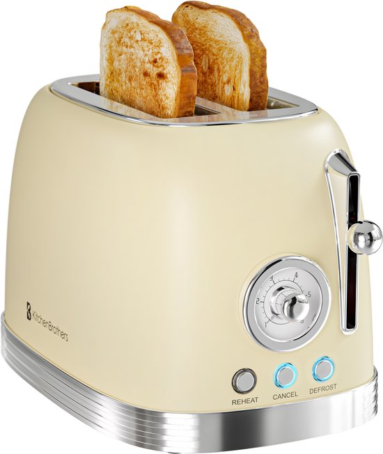 KitchenBrothers Retro-Toaster - Toaster - 6 Heizstufen - 2 extra breite Schlitze - 815W - Beige