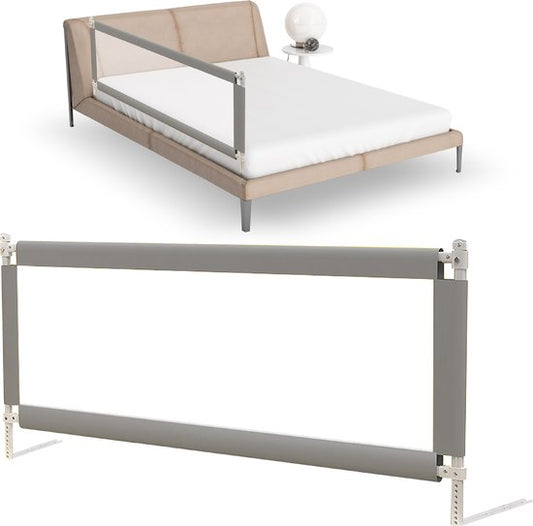 HeppieBabie Bettgitter - Universal - Extra lang 150 CM - Verstellbar - Grau mit Sicherheitsnetz - Bettgitter - Bettgestell
