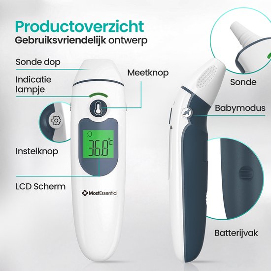 MostEssential 2-in-1 Digitales Fieberthermometer - Ohrthermometer - Stirn- und Körperthermometer - Fieberthermometer für Erwachsene, Kinder und Babys - berührungslos - IR30