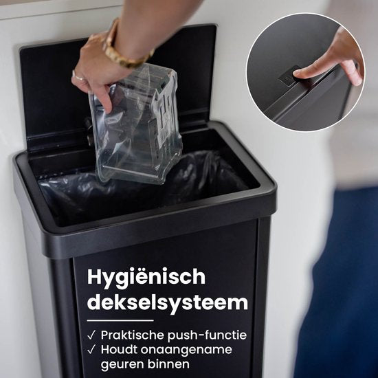 QLT Knockdown Push Mülleimer 50 Liter - Deckel öffnet durch Drücken - Fingerabdrucksicher - Modernes und langlebiges Design - 36x24.2x83 cm - Schwarz